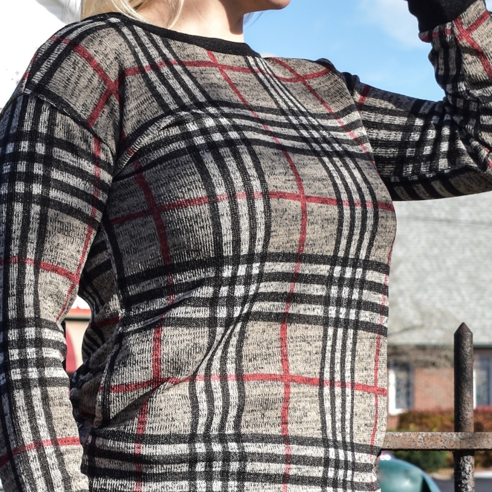 Beige Plaid Sweater with Pockets